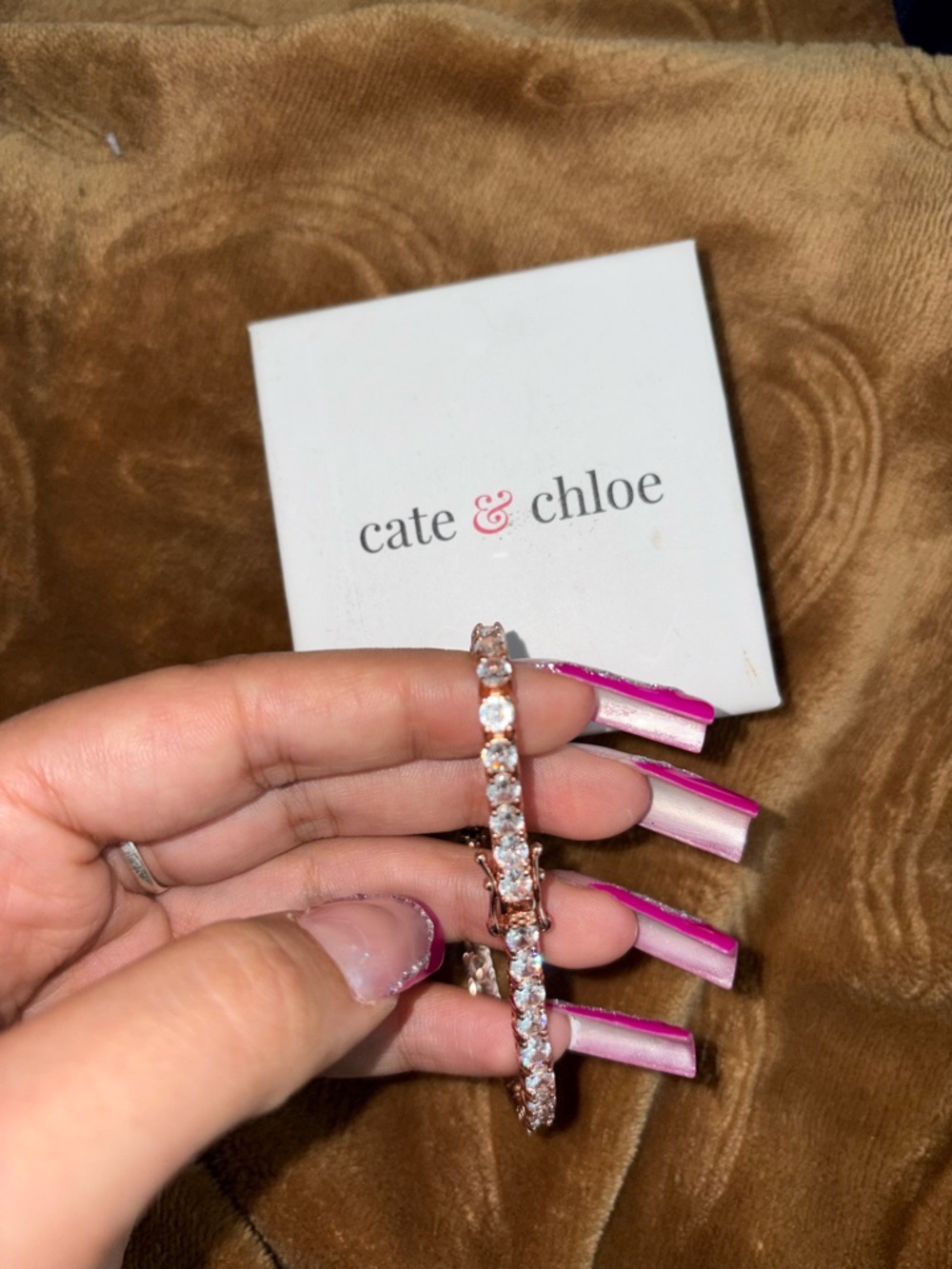 cate & chloe Rose Gold Crystal Tennis Bracelet - Pink/White Stones